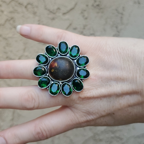 New Stunning Amber & Diopside 925 Silver Statement Ring. - Picture 3 of 15